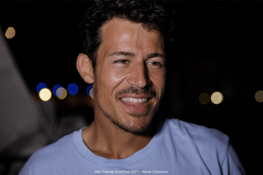 Close-up shot of Velotrade skipper Brieuc taken at the night after finishing Mini Transat Leg 2 race.